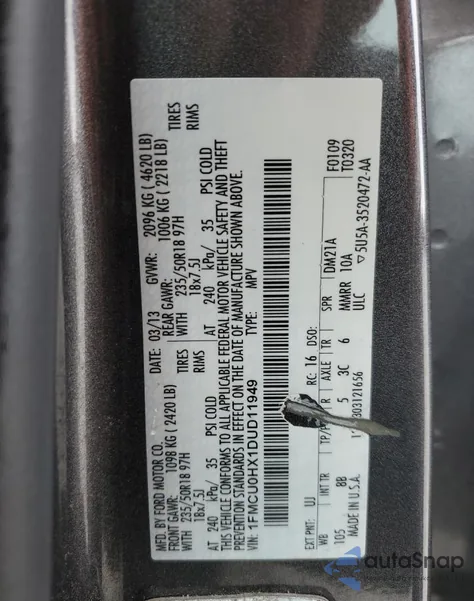 2013 Ford Escape Sel z USA, uszkodzony, nr VIN 1FMCU0HX1DUD11949